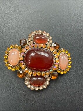 Vintage-Inspired Amber & Peach Glass Stone Brooch